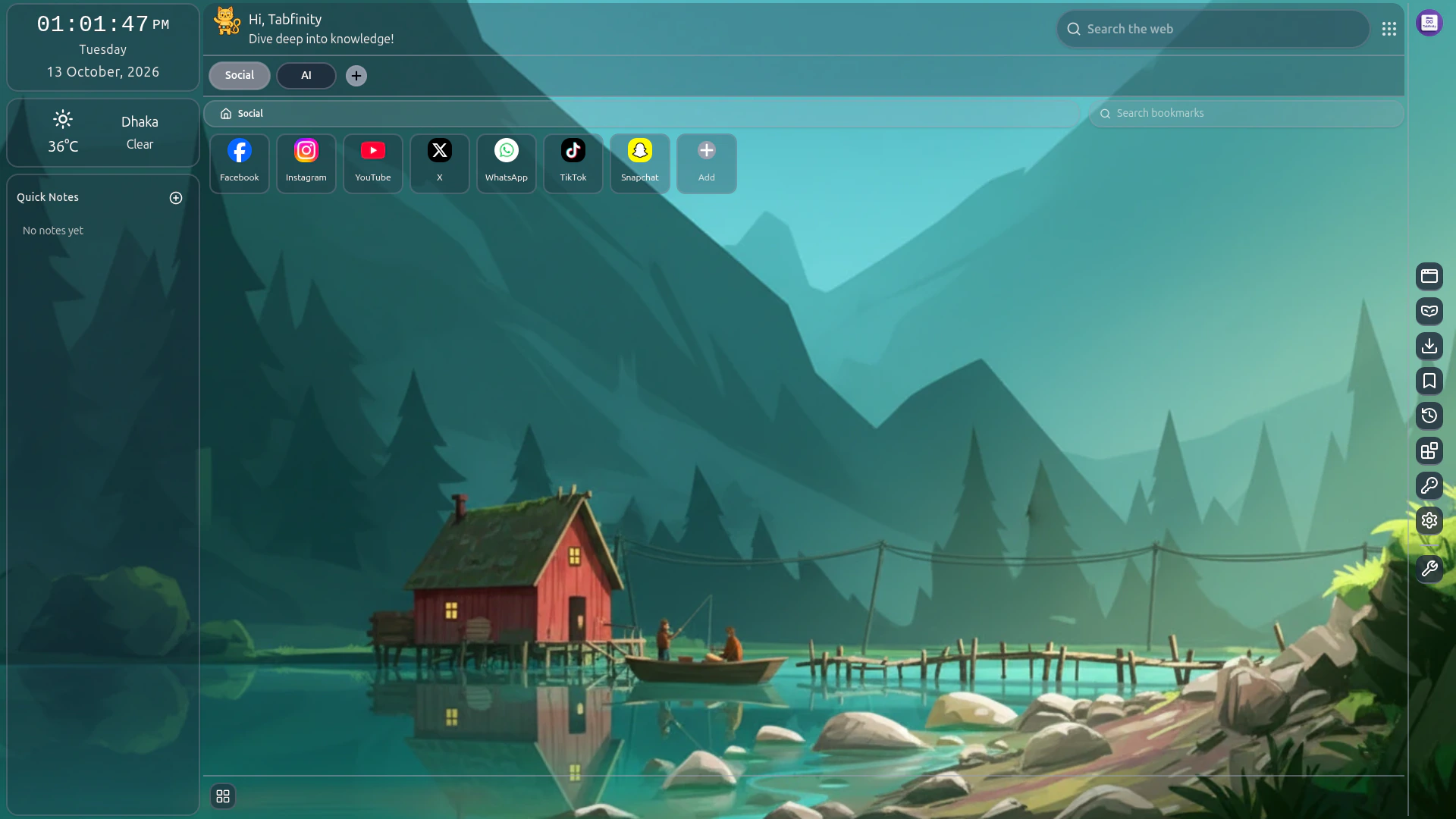 The Tabfinity workspace over an illustrated mountain lake at dusk, with a red cabin on the shore